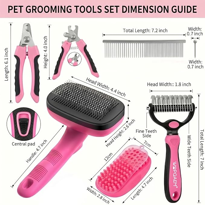 Self Cleaning Slicker Brush for Dog - 5 PCS Dog Brush Grooming Kit,Undercoat Rake Brush Comb for Small Large Dogs Cats, Dog Hair Brush Set, Grooming Deshedding at Home or Travel, Pink