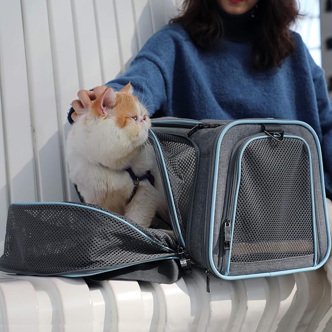 Petsfit Expandable Cat Carrier Dog Carriers,Airline Approved Soft-Sided Portable Pet Travel Washable Carrier for Kittens,Puppies,Removable Soft Plush mat and Pockets,Locking Safety Zippers