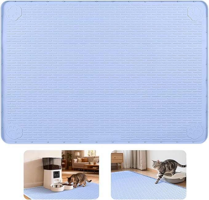 Cat Food Mat, 34" x 22" Large Silicone Pet Feeding Mat for Food and Water Bowls Non-Slip, Easy to Clean (Blue)