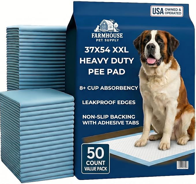 Pee Pads for Dogs Extra Large 37x54 XXL - 50 Count Leak Proof Heavy Duty with Adhesive Tabs – 24 Hour Absorbent Disposable Puppy Training Pads for Large Dog Breeds 6-Layer Non Slip Backing