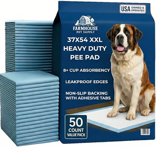 Pee Pads for Dogs Extra Large 37x54 XXL - 50 Count Leak Proof Heavy Duty with Adhesive Tabs – 24 Hour Absorbent Disposable Puppy Training Pads for Large Dog Breeds 6-Layer Non Slip Backing