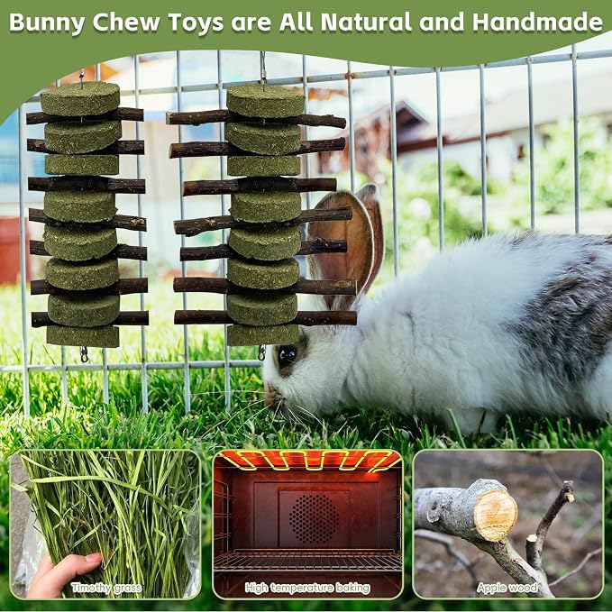 kathson 6 PCS Bunny Chew Toys for Teeth Grinding, Chinchilla Treats Organic Bamboo Sticks Natural Fruitwood Branches for Rabbits Guinea Pigs Hamsters (Fruitwood Sticks+Alfalfa Cakes)