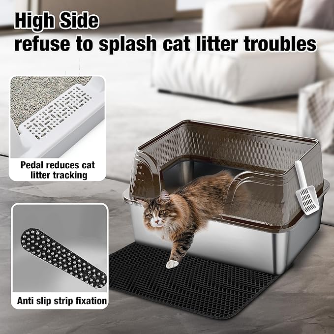 Suhaco XXXL Stainless Steel Litter Box with High Sided Deep Side Entry Deep Extra Large Metal Litter Box Included Mat & Scoop Anti-Urine Leakage Cat Litter Boxes for Big Cats (Black)