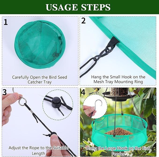 2 Pcs Bird Seed Catcher Trays, 16 Inch Green Spill Guard Platform for Hanging Feeders, Windproof Mesh Seed Hoop with Hooks, Outdoor Feeder Accessory