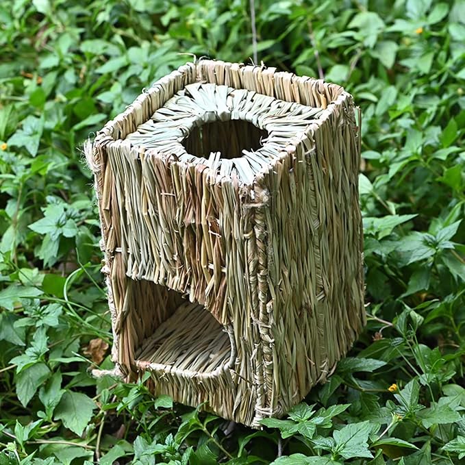 Foldable Grass Woven Animal Hut Bunny House Play Hideaway Bed Mat Chew Toy for Rabbit Guinea Pigs Gerbils Hamster (12"x8"x8")