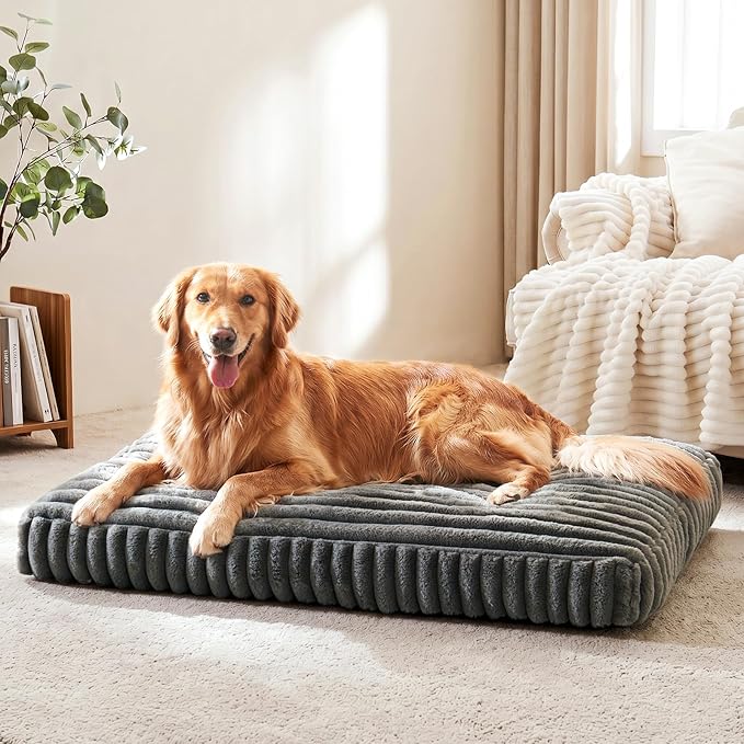 Dog Bed for Large Dogs, Orthopedic Dog Beds Washable with Removable Cover, Extra Thick Crate Bed Pet Mat with Shredded Chopped Foam & Anti-Slip Bottom, 35"x23"x4", Grey