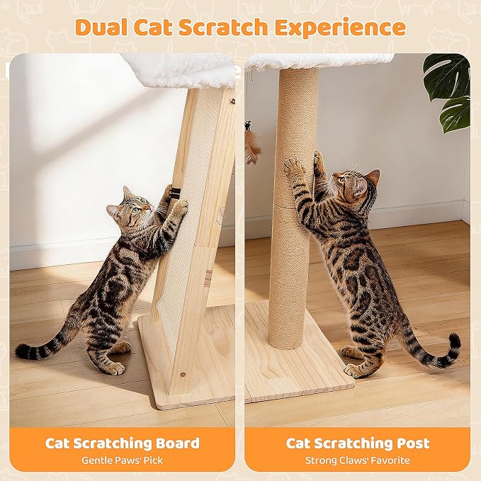 31.5" Cat Scratching Post, 3-in-1 Multifunctional Natural Pine Wood Cat Furniture, Tall Scratch Posts with Perch&Scratcher, Boxed with Hanging Bell Toy, Large