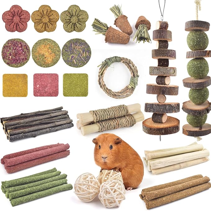 ERKOON 70PCS Rabbit Chew Toys, Natural Timothy Grass Cakes Guinea Pig Toys, Small Animal Teeth Grinding Treats for Bunny Hamster Chinchilla, Safe Dental Care Snacks
