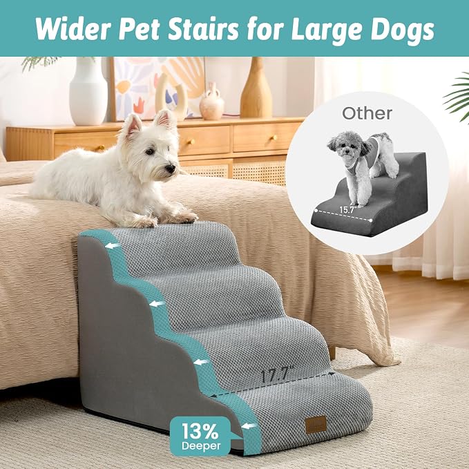 COZY KISS Wide Dog Stairs for Small Dog 19.7" H, Pet Step for Puppy, Older Cat, Curved Ramp for High Bed or Car, Stairs with High Density Foam, Lightweight, Durable, 4 Step, 17.7x28x19.7 inch, Grey