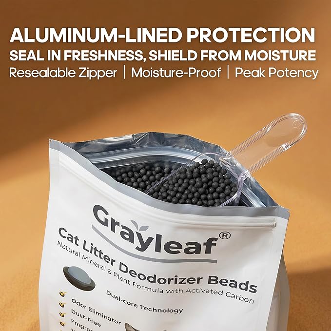 Grayleaf Unscented Cat Litter Deodorizer, 2.2lb(35.2oz) Odor Eliminator for Litter Box | Activated Carbon & Mineral Beads, Dust-Free Pet Odor Absorber, Baking Soda Free for Multi-Cat & Automatic Boxes