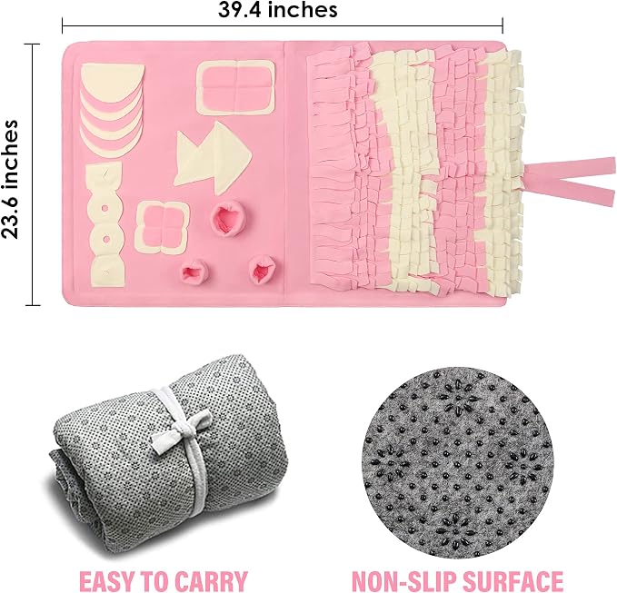 Snuffle Mat for Dogs: Slow Food Interactive Experience - 7 Enrichment Foraging Games for Large Dog Owners Needing to Burn Pet Energy - Washable 1000 Times - 22x38 inch - Pink