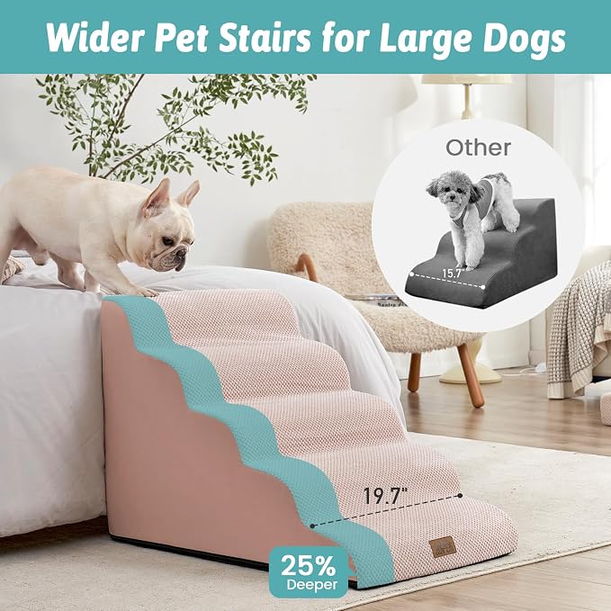COZY KISS Wide Dog Stairs 19.7" Width, Pet Step for Small/Medium/Large Dog, Puppy or Cat, Pet Ramp for High Bed or Car, High Density Foam Ladder, 19.7x33x22.4 in, Stable, 5 Step, Pink