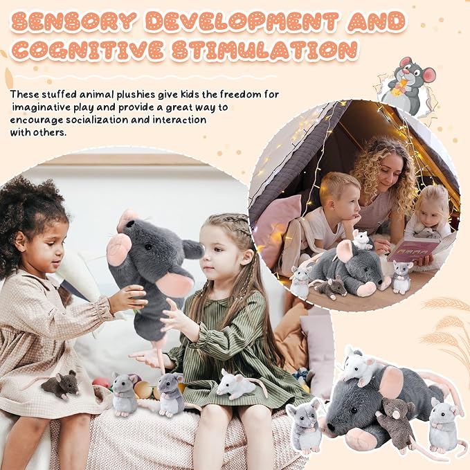 Arrowbash 5 Pcs Mouse Stuffed Animals Set - 14'' Large Mommy Rat Plush with 4 Small Mouse Babies in Zippered Tummy Stuffed Rat Plush Toys for Kids Girls Boys Valentine Birthday Gift(Adorable Style)