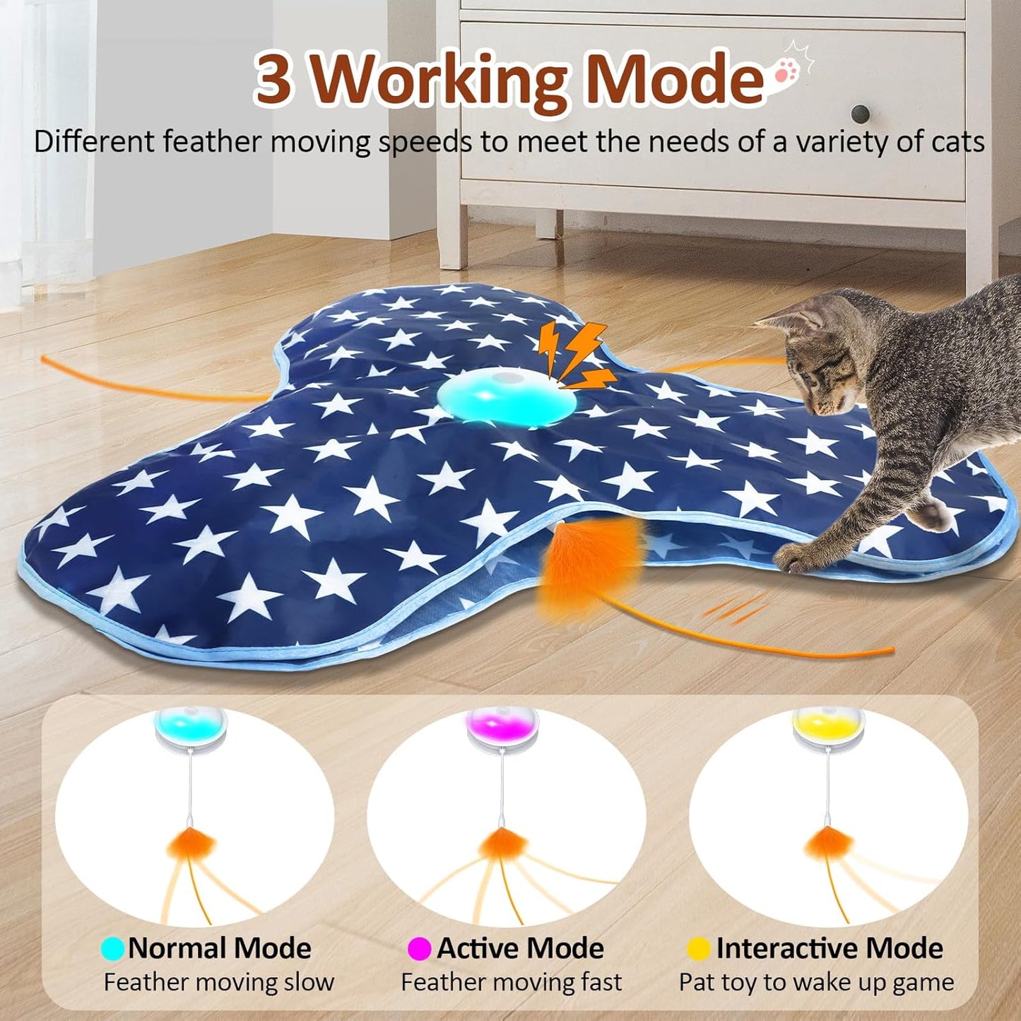 Interactive Cat Toy Rechargeable, Cat Exercise Toys for Indoor Bored Adult Cats, Hide and Seek Toy with Motion Activated, Moving Feather, Chirping