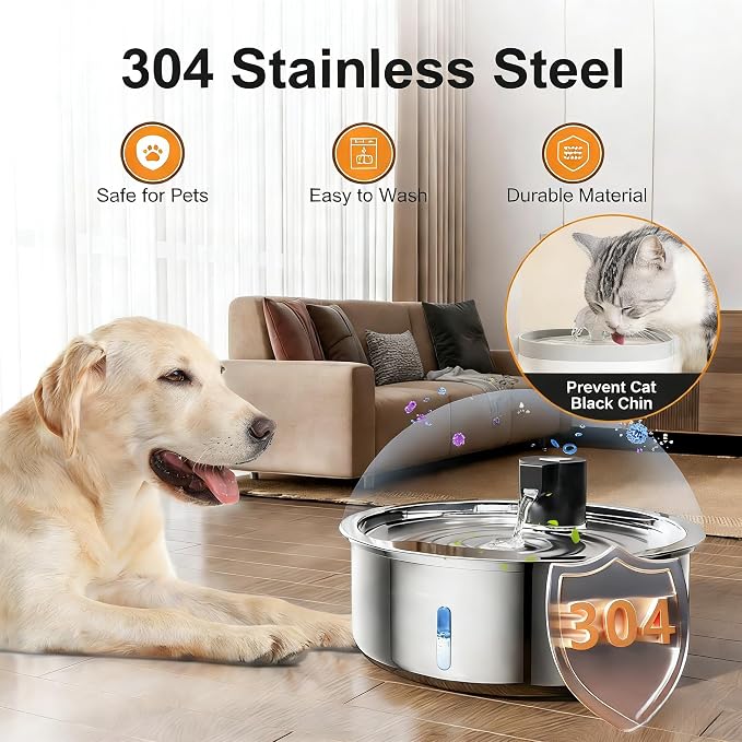Dog Water Fountain, 8L Stainless Steel Dog Water Fountain for Large Dogs, Dog Water Bowl Dispenser, Super Quiet Pump and Replacement Filters for Cats and Dogs (Silver-8L+16Filters)