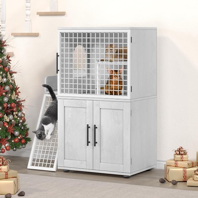 Cat Litter Box Enclosure Furniture with Double Layer Design, Hidden Litter Box & Lounge Villa for Indoor Cats - Includes Ladder, Platform, and Washroom Space for Living Room, Antique White