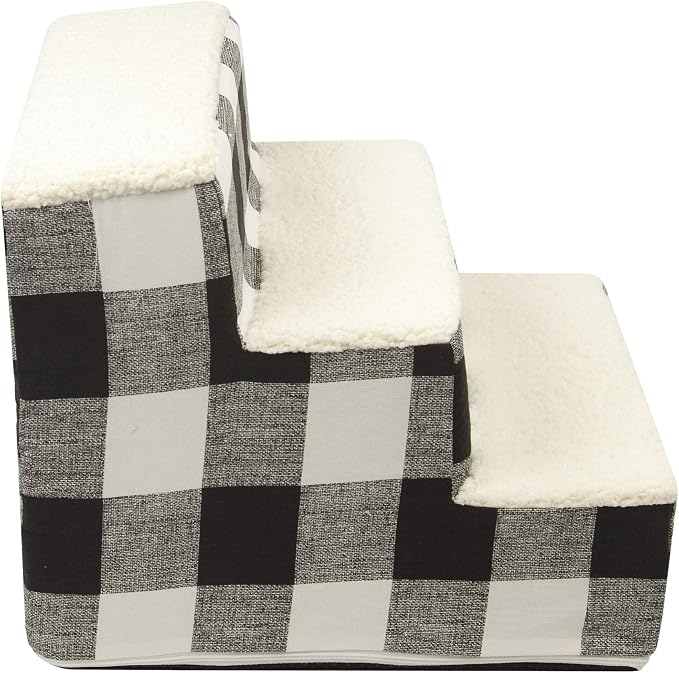 Majestic Pet 3 Step Portable Dog Stairs for Small Dogs to get on Bed Supports 25 lbs or Less – Dog Steps for High Bed with Machine Washable Cover – Pet Stairs for Cats Anderson Check Charcoal Black