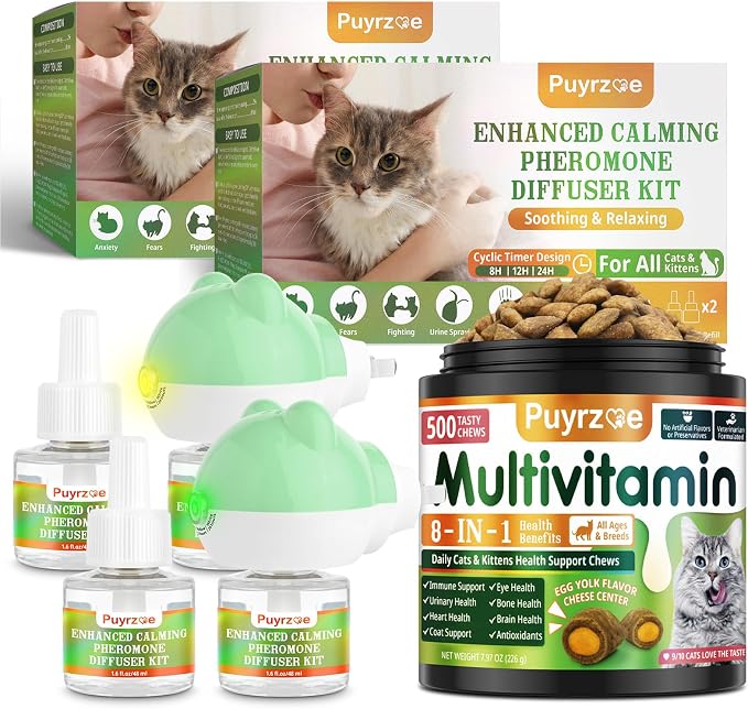 puyrzoe Cat 6-in-1 Calming Diffuser + Multivitamin 500 Chews for Cats – Stress Relief, Immune, Skin & Coat, Digestion, Brain & Bone Health for All Cats, 2 Diffusers + 4 Refills