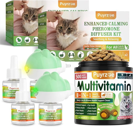 puyrzoe Cat 6-in-1 Calming Diffuser + Multivitamin 500 Chews for Cats – Stress Relief, Immune, Skin & Coat, Digestion, Brain & Bone Health for All Cats, 2 Diffusers + 4 Refills