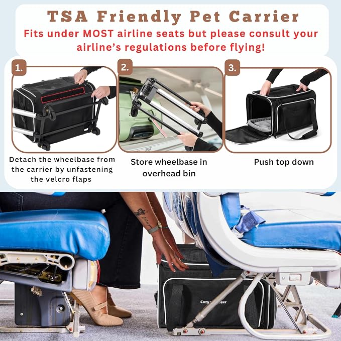 Airline Approved Top-Expanding Pet Carrier on Wheels- Extra Spacious Soft Lined Carrier! 18x11x11 (Expanding Sides)