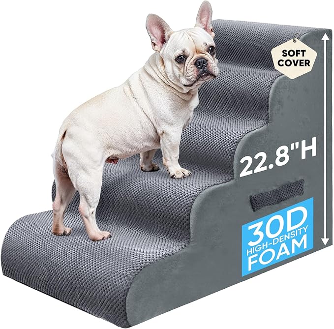 PAWSCRAT Pet Stairs for Dogs 5-Step, 22.8" H Pet Stairs for High Bed, Couch Sofa & Chair, 30D Material Soft Foam Dog Steps with Non-Slip Bottom Surface Removable Washable Cover, Grey