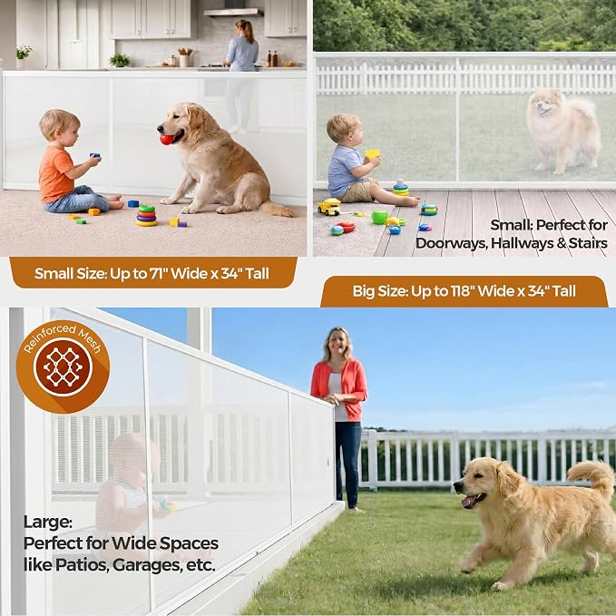 Retractable Baby Gate - 72" Wide Mesh Dog Gate with Support Rods - 34" Tall for Stairs, Doorways, Hallways - Drill or No-Drill - Pet & Cat Gate - Outdoor/Indoor (White, 5.91 Feet)