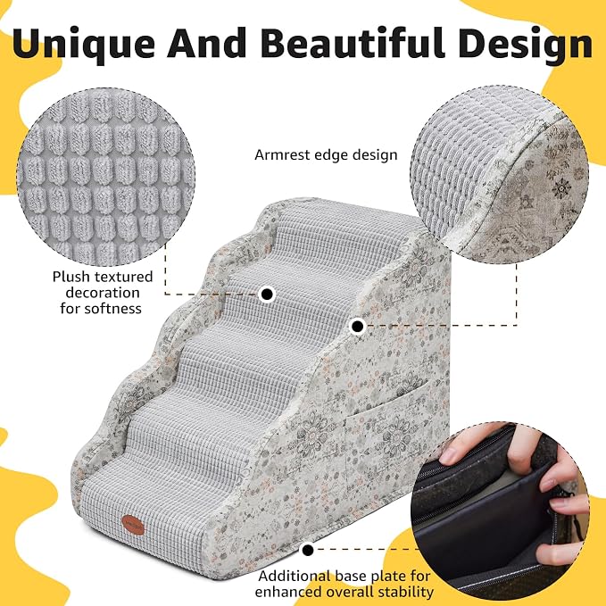Woochpet Side Armrest Dog Stairs for High Beds Up to 26-30",5 Tier Wider Curved with Weighted Base Plate, Washable Cover Gentle Slope Steps, Bed & Couch Ladder for Small Medium Dogs & Senior Cat