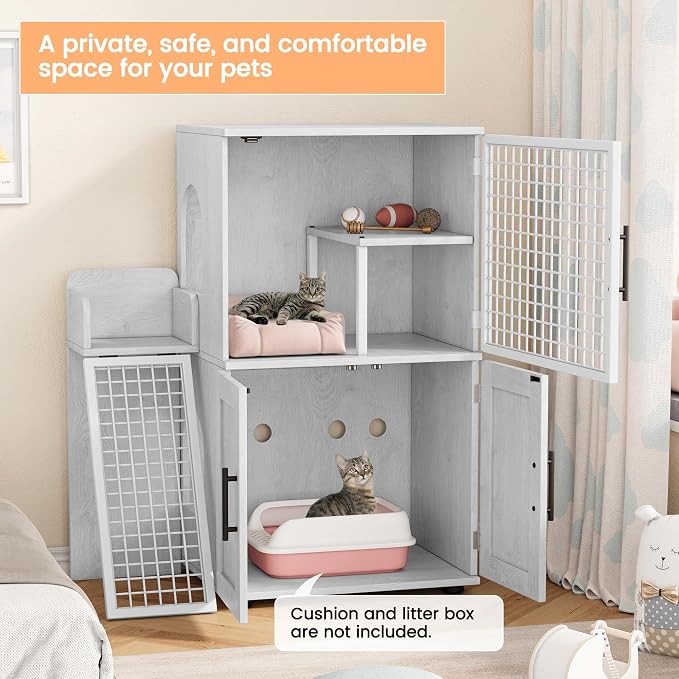 Cat Litter Box Enclosure Furniture with Double Layer Design, Hidden Litter Box & Lounge Villa for Indoor Cats - Includes Ladder, Platform, and Washroom Space for Living Room, Antique White