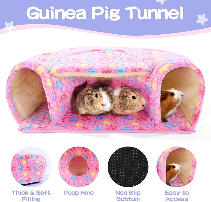 MABOZOO 3 Pack Guinea Pig House Accessories, 2 Cozy Guinea Pig Bed and Hideout Tunnel, Chinchillas Hideout for Hamster, Rabbit, Bunny, Chinchillas (Pink, L)