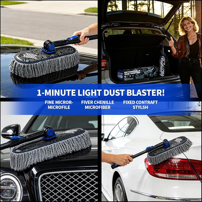 Flash Dog Car Duster Exterior Scratch Free Aluminum Alloy Extendable Handle and Microfiber Head Waterless Cleaning Brush for Cars, Trucks, SUVs Portable Car Duster