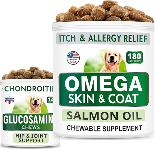 BARK&SPARK Glucosamine Dog Treats + Omega 3 for Dogs Bundle - Hip Support and Joint Pain Relief Supplement + Fish Oil Chews for Shedding, Skin Allergy, Itch Relief, Skin and Coat Supplement
