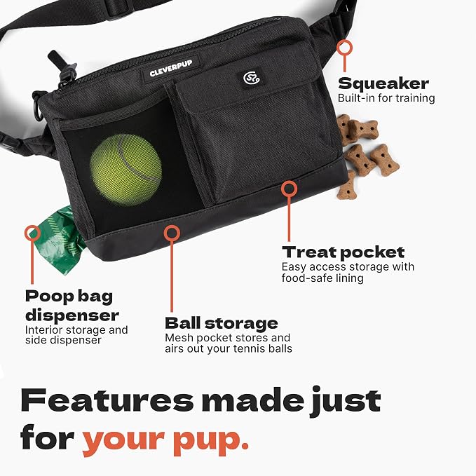 Cleverpup Dog Walk & Train Sling Bag - Hands-Free Dog Walking & Training Bag with Treat Pouch, Poop Bag Holder & Phone Pocket - Crossbody or Fanny Pack, Adjustable Strap - Graphite