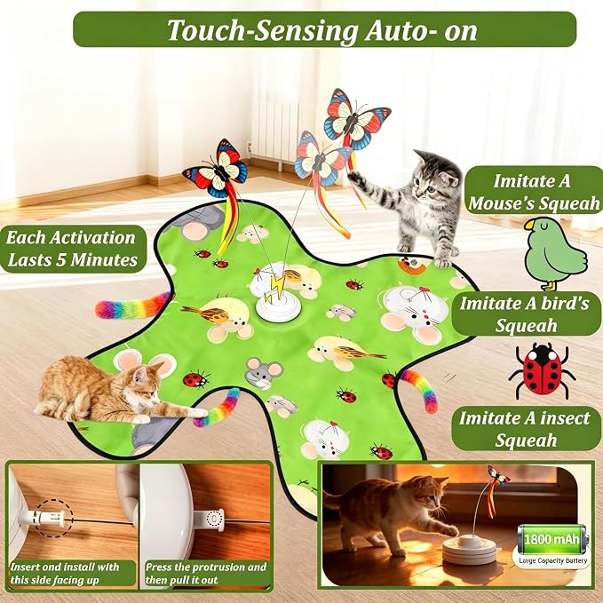 Interactive Cat Toys for Indoor Cats, 3-in-1 Interactive with Fluttering Butterfly Moving Concealed Feathers 3 Prey Sounds, Rechargeable Touch Activated for Bored Indoor Adult Cats Kittens