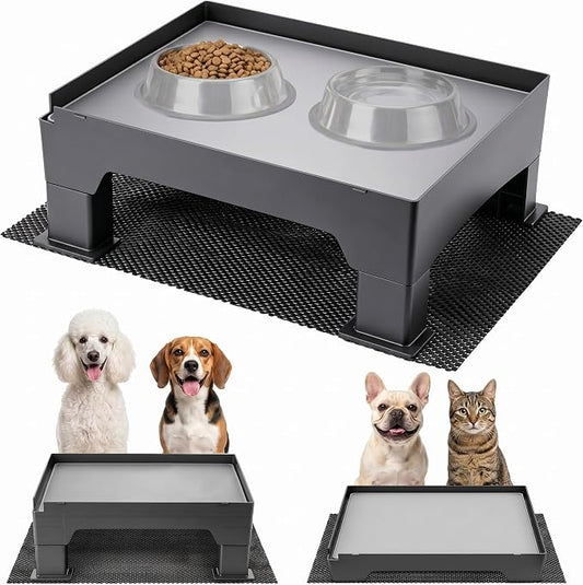 Adjustable Raised Dog Bowl Stand and 100% Waterproof & Non-Slip Mat, Elevated Dog Bowls Stand for Small Medium Sized, Easy-Clean Silicone Pet Food Mat- Neck Strain Relief & Protect Your Floors
