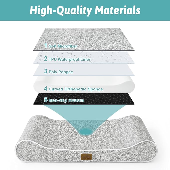 COZY KISS Dog Bed for Medium Dogs up to 65 lbs - Removable Washable Cover with Waterproof Lining & Non-Skid Bottom, Cotton-Polyester Blend Boat-Shaped Lounger Mattress, M(36x24x5.5in), Light Gray