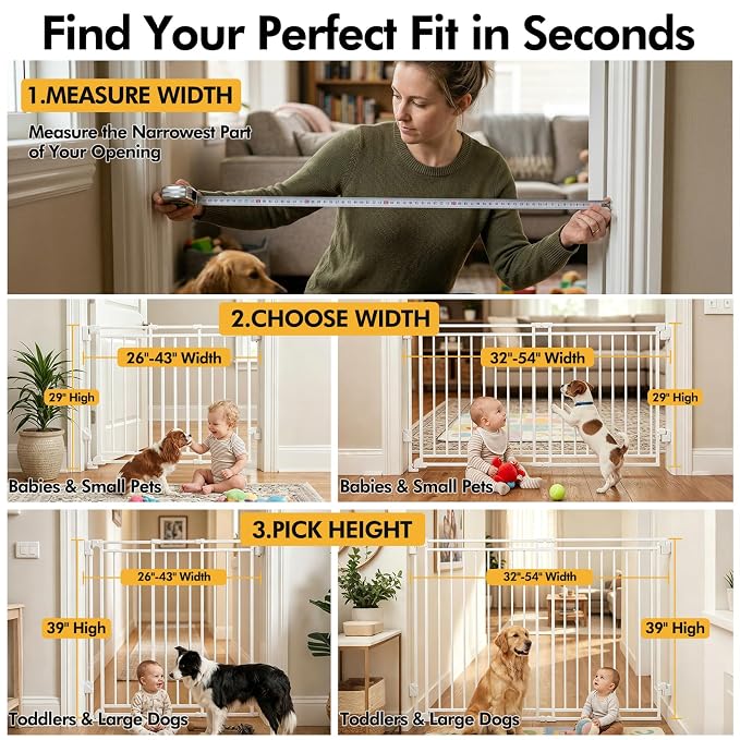 Baby Gate for Stairs & Doorways - Fits Openings 26 to 43 Inches Wide (Must Drill to Install) | 29" Extra Tall with No Bottom Bar | One-Handed Auto-Close Walk-Thru Gate for Kids & Pets, White