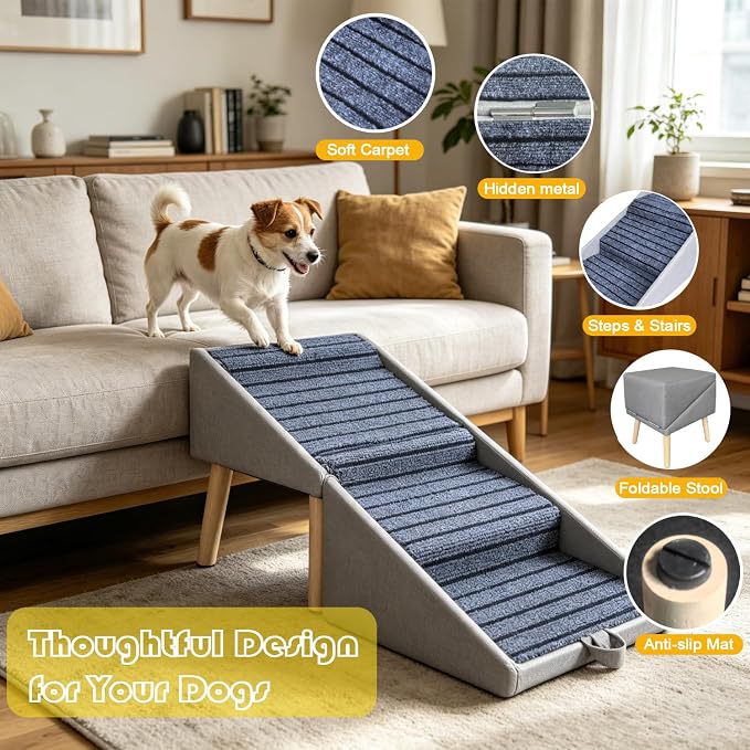 3-in-1 Dog Stairs for Small Dogs 17.32'' H Folding Dog Ramp for Bed Couch Supports 220 lbs Ottoman Footstool Upgraded Pet Stairs for Bed Sofa Anti-Slip Puppy Stairs for Small Dogs Older Injured