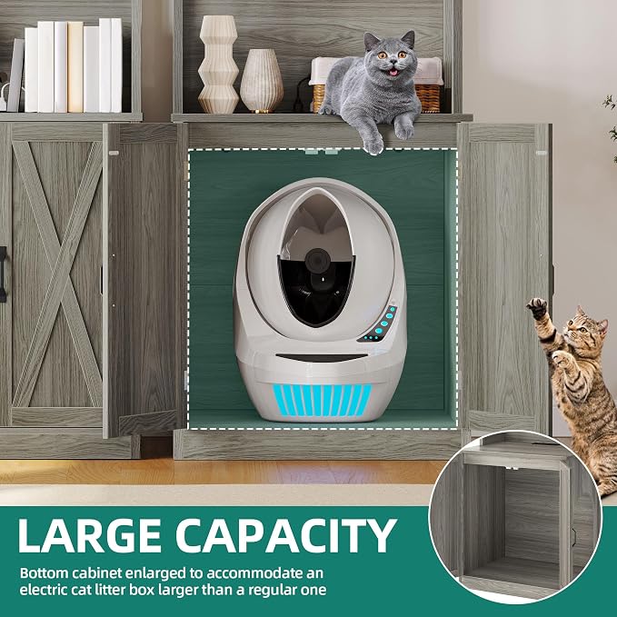 YITAHOME Large Cat Litter Box Furniture with Shelves and Charging Station, Hidden for Self-Cleaning Cat Litter Box Enclosure, Wooden Cat Cabinet for Smart Litter Box Size, Wash Grey