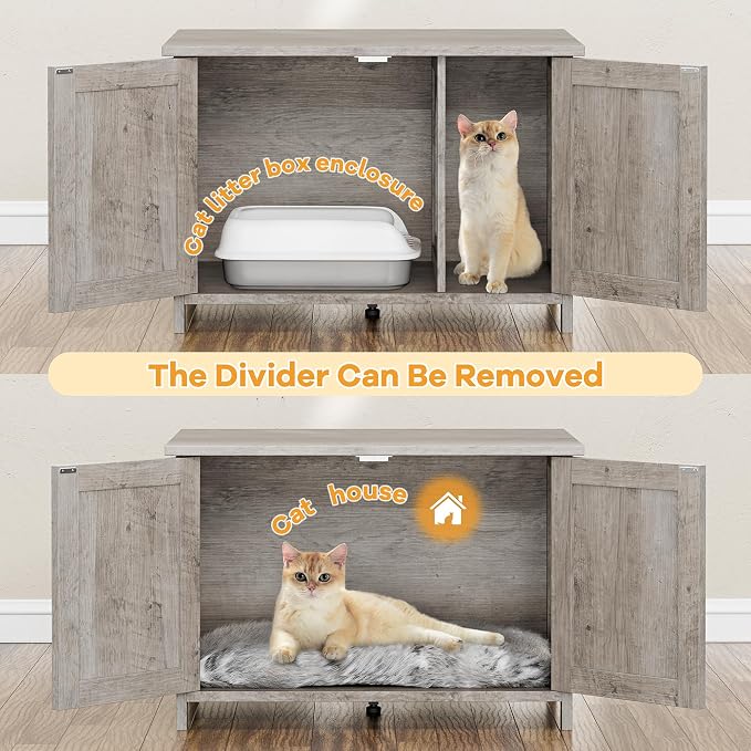 Shintenchi Cat Litter Box Enclosure, Litter Box Furniture Cabinet Hidden with Removable Divider, Wooden Cat House with End Table, Grey, 30.5 inch