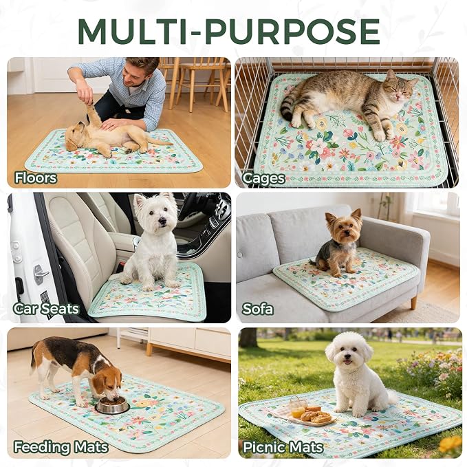 Homimp Washable Pee Pads for Dogs,2 Pack Spring Floral Reusable Puppy Pads Waterproof,Absorbent and Leakproof Dog Pee Pads,Non Slip Puppy Training Pads,Pet Mat for Floor,Whelping,Teal 36"x36"