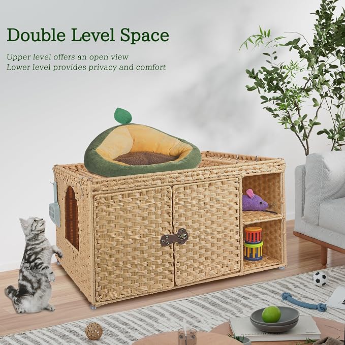 Aesthetic Cat Litter Box Enclosure, Handwoven Rattan Hidden Litter Box Furniture with Extra Mat and Fence, Large Space Litter Box Cover with Divider for Bedroom Living Room Balcony, Yellow