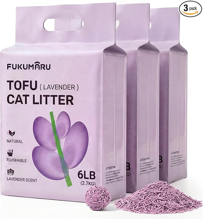 FUKUMARU Tofu Cat Litter, 18lb - Lavender Scent, Firm Clumping, Natural Odor Control, Low Dust, Flushable Plant-Based Pellets, 6lb x 3 Bags