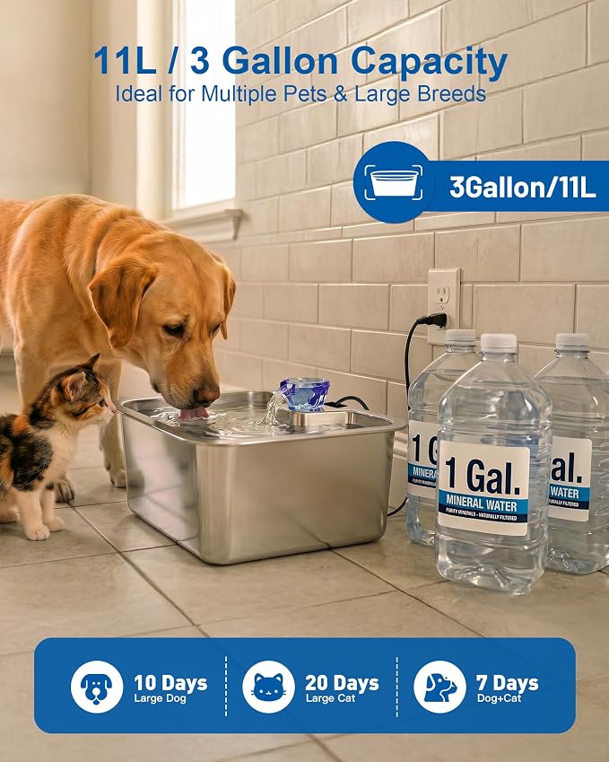 PETNF Dog Water Fountain, 3Gal Stainless Steel Pet Water Dispenser with 4-Stage Filtration, Ultra-Quiet Pump & Circulating Flow, Ideal for Large Dogs Multi-Pet Home, Perfect for Long Trips & Daily Use