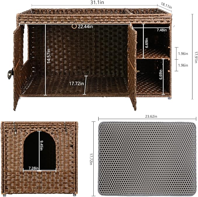 Aesthetic Cat Litter Box Enclosure, Handwoven Rattan Hidden Litter Box Furniture with Extra Mat and Fence, Large Space Litter Box Cover with Divider for Bedroom Living Room Balcony, Brown