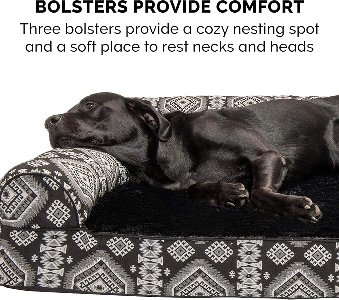 FurHaven Supportive Cooling Memory Foam Sofa Dog Bed with Washable & Removable Cover - Plush/Woven - Black Medallion, Dogs Dogs Up to 125 lbs - Jumbo Plus XXL