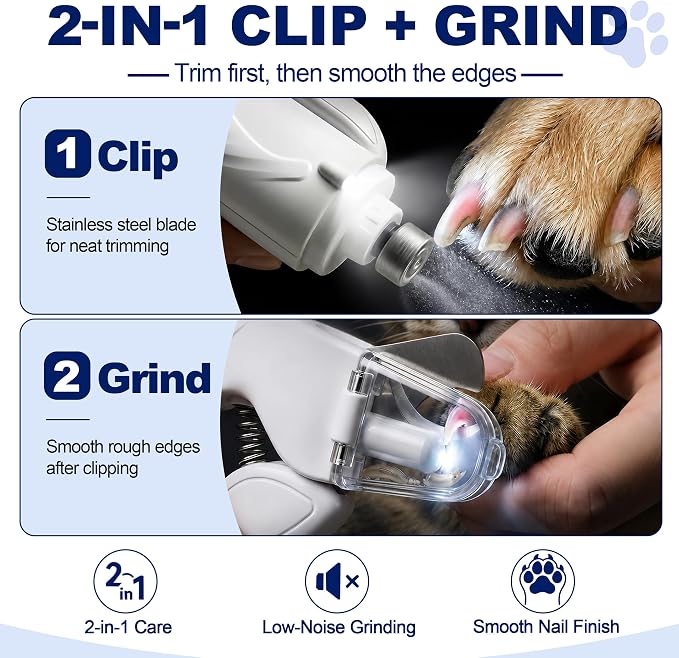 2-in-1 Dog Nail Clippers with Light - Electric Pet Nail Grinder Quiet for Small Large Dogs & Cats, LED Prevent Over Cutting, USB-C Rechargeable Safety Guard Grooming Kit for Black Nails-SGX
