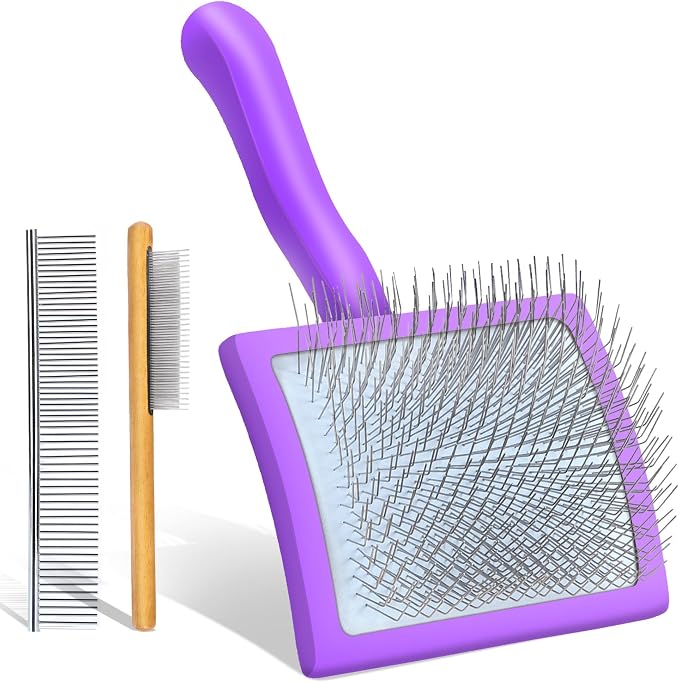 Large Slicker Brush for Dogs - 3-Piece Solid Wood Dog Grooming Kit for Doodles and Poodles - for Wavy, Curly & Matted Hair, Purple