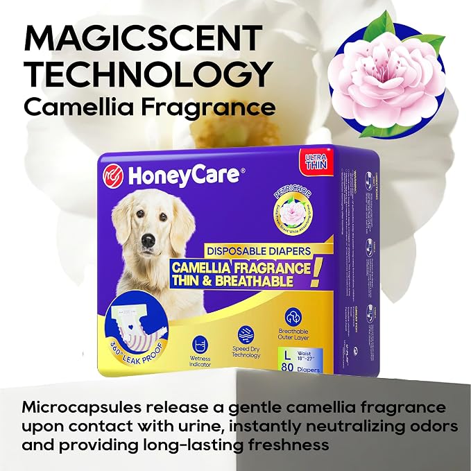 HONEY CARE Petrichor Female Dog Diaper, Camellia Fragrance, Emits Fresh Scent While Absorbing Urine, Thin & Breathable, L, 80 Count