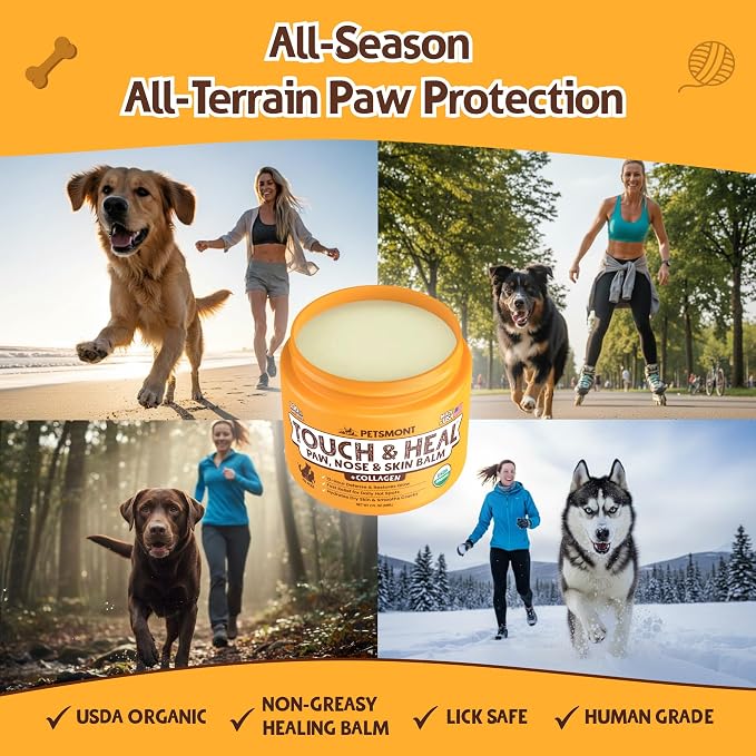 Petsmont Touch & Heal Organic Paw Balm for Dogs 2oz - Cream Lotion Protection Moisturizer Nose Natural Soother Hot Pavement Wax Dry Paws Cracked Butter Protectors Pad Snout Puppy Elbow Foot Pet