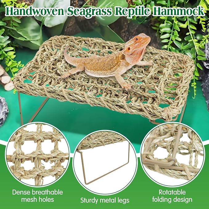 kathson Bearded Dragon Hammock with Ladder, Seagrass Reptile Basking Hammock with Metal Legs, Adjustable Lizard Bed Tank Accessories Decor for Amphibian Gecko Snake Hermit Crab Chameleon Climbing